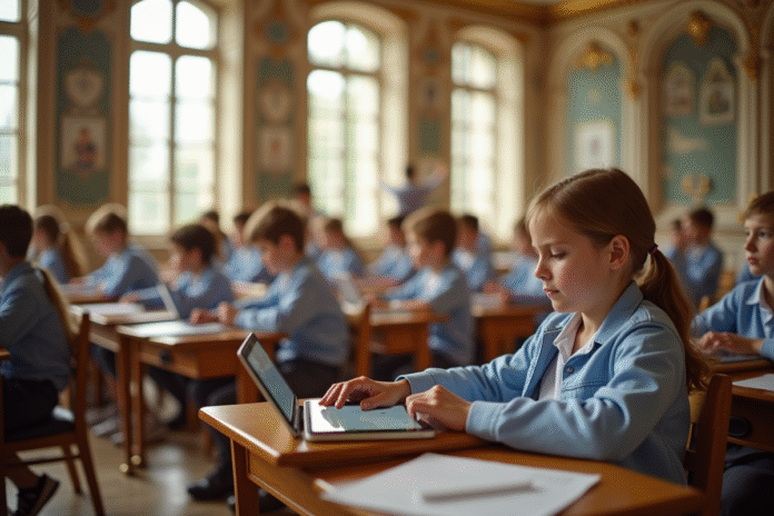 Salle de classe lumineuse à Versailles avec étudiants utilisant des tablettes