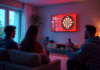 Salon moderne avec amis jouant sur un dartboard digital lumineux