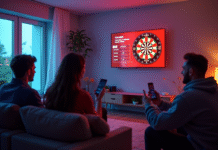 Salon moderne avec amis jouant sur un dartboard digital lumineux