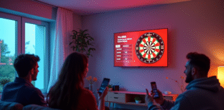 Comparatif des jeux de fléchettes connectés : lequel choisir en 2025 ? Salon moderne avec amis jouant sur un dartboard digital lumineux