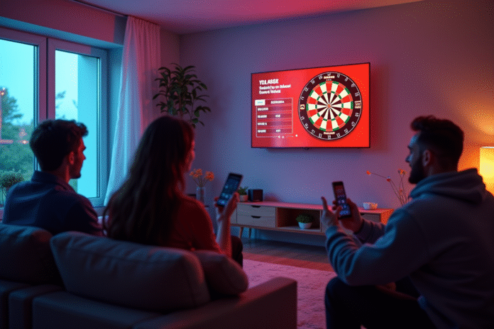 Salon moderne avec amis jouant sur un dartboard digital lumineux