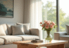 Salon lumineux avec table en bois et bouquet de fleurs Nshaped