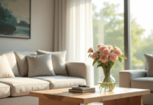 Salon lumineux avec table en bois et bouquet de fleurs Nshaped