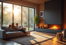 Salon moderne avec cheminée rénovée chaleureuse et famille détendue