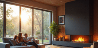 Rénover sa cheminée : pourquoi opter pour un insert performant Salon moderne avec cheminée rénovée chaleureuse et famille détendue
