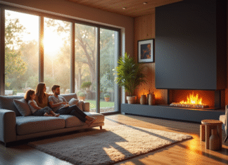 Rénover sa cheminée : pourquoi opter pour un insert performant Salon moderne avec cheminée rénovée chaleureuse et famille détendue