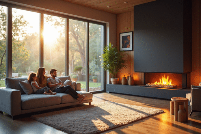 salon-renove-chemine-glow Salon moderne avec cheminée rénovée chaleureuse et famille détendue