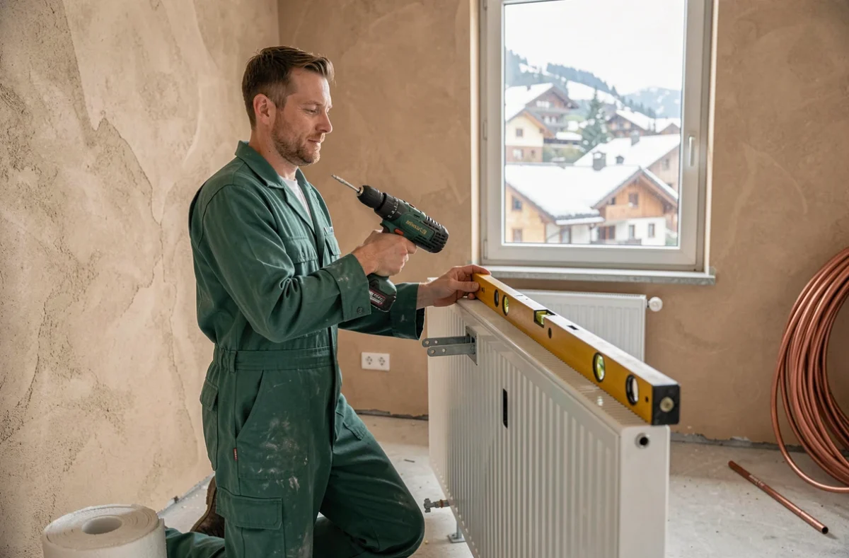 Technicien Sarl Alpes Savoie Energie installant un radiateur dans un appartement alpin en rénovation en Savoie