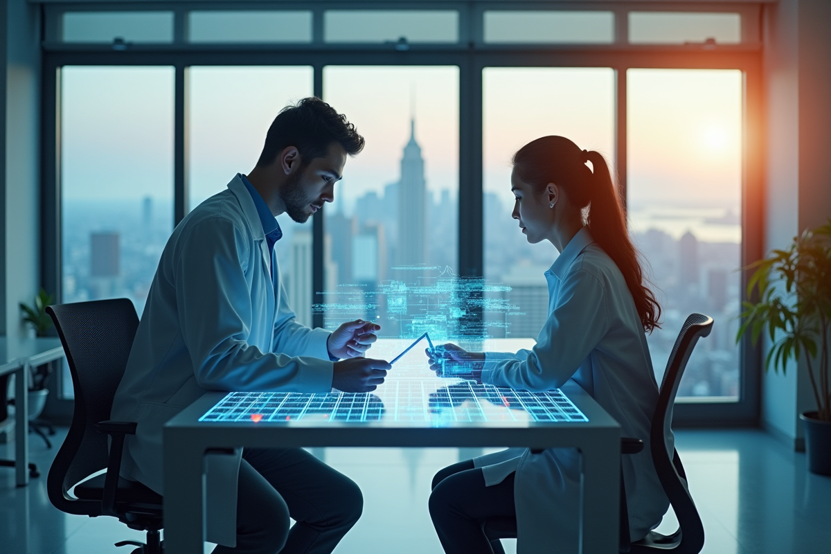 Jeunes scientifiques analysant des graphiques et code en hologrammes