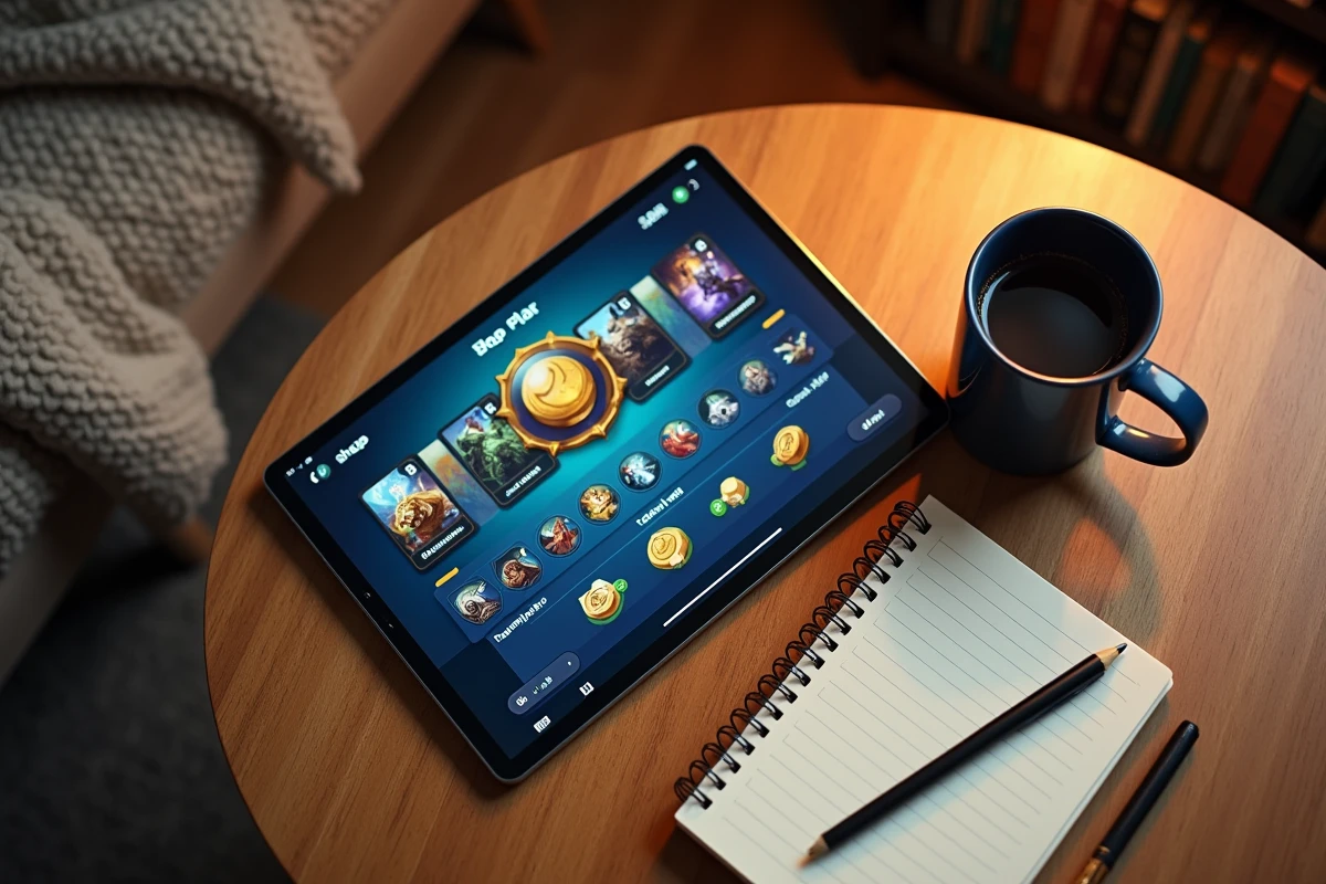 Vue aérienne d'une tablette affichant un shop TFT avec des notes de stratégie manuscrites sur une table en bois