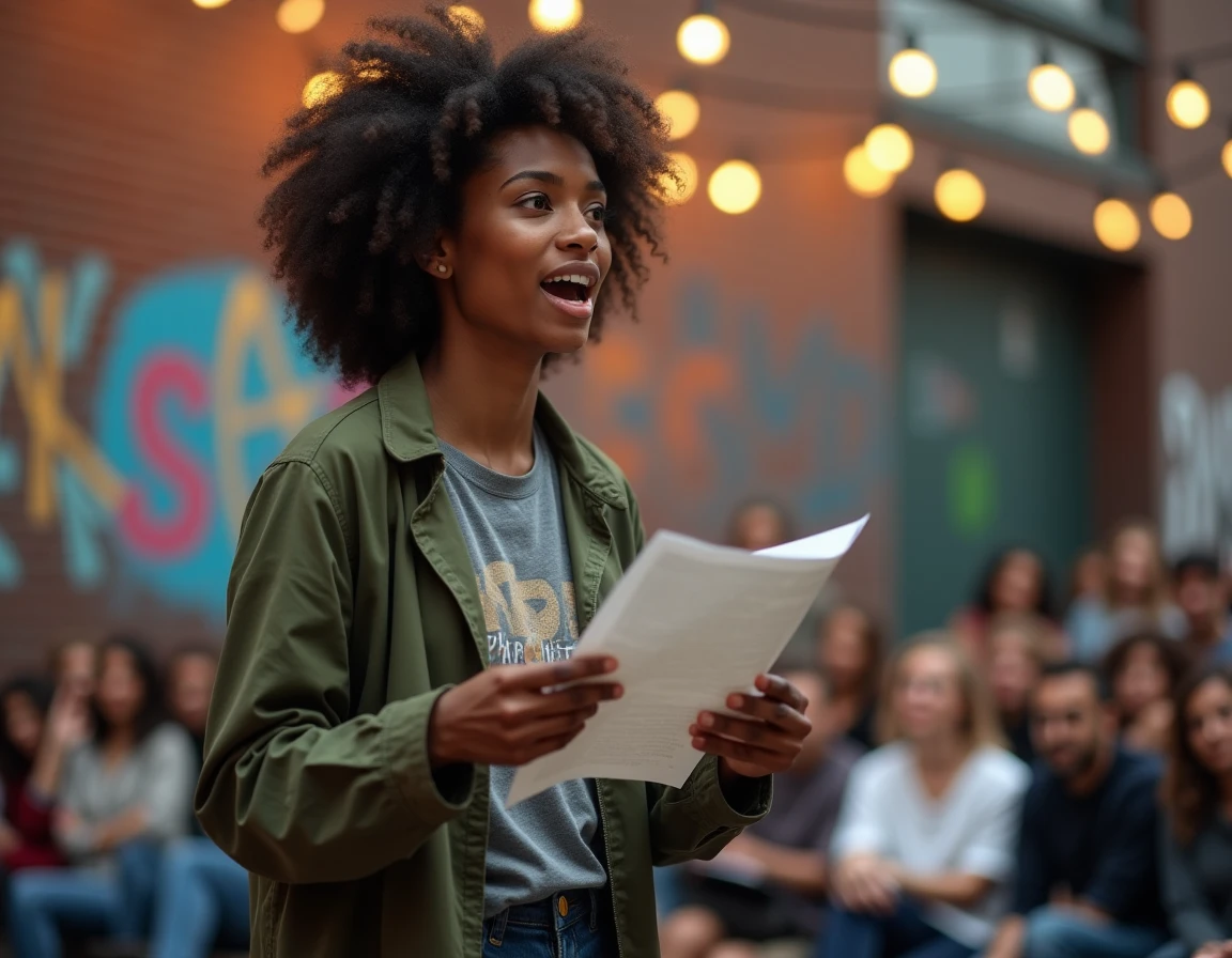 Slameuse sur scène lors d'un open-mic en plein air, gesticulant avec énergie devant un mur de graffiti et une foule attentive