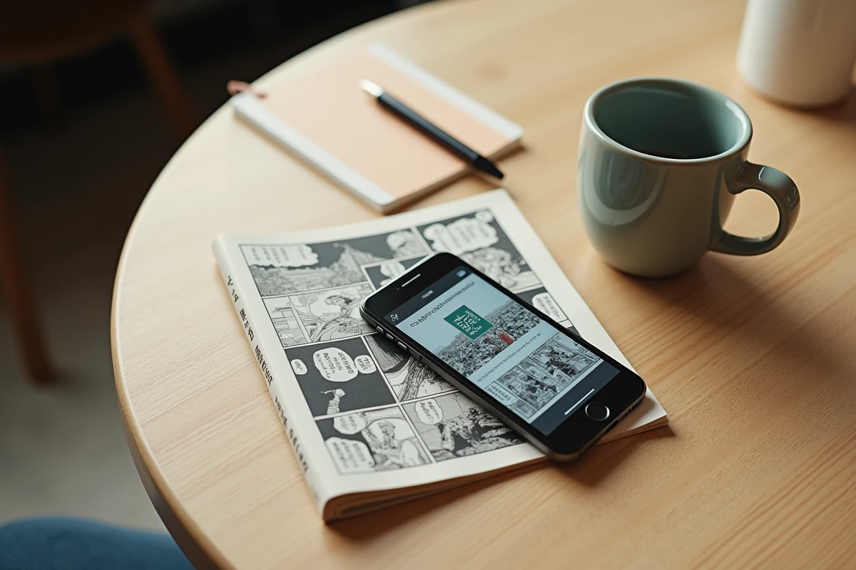 Vue aérienne d'un smartphone affichant un site de scan manga posé sur une table de café à côté d'un volume manga physique et d'un mug