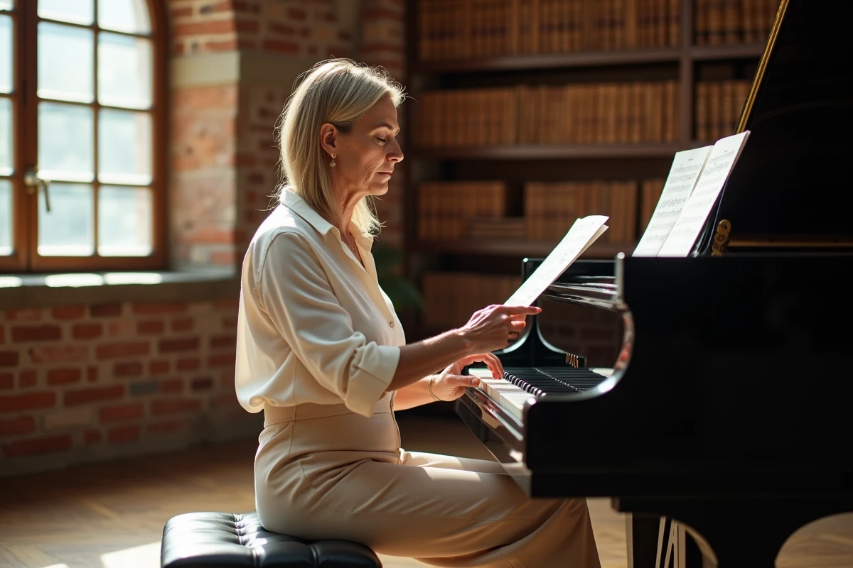 Soprano méditerranéenne en répétition dans une salle de conservatoire avec partition et piano à queue