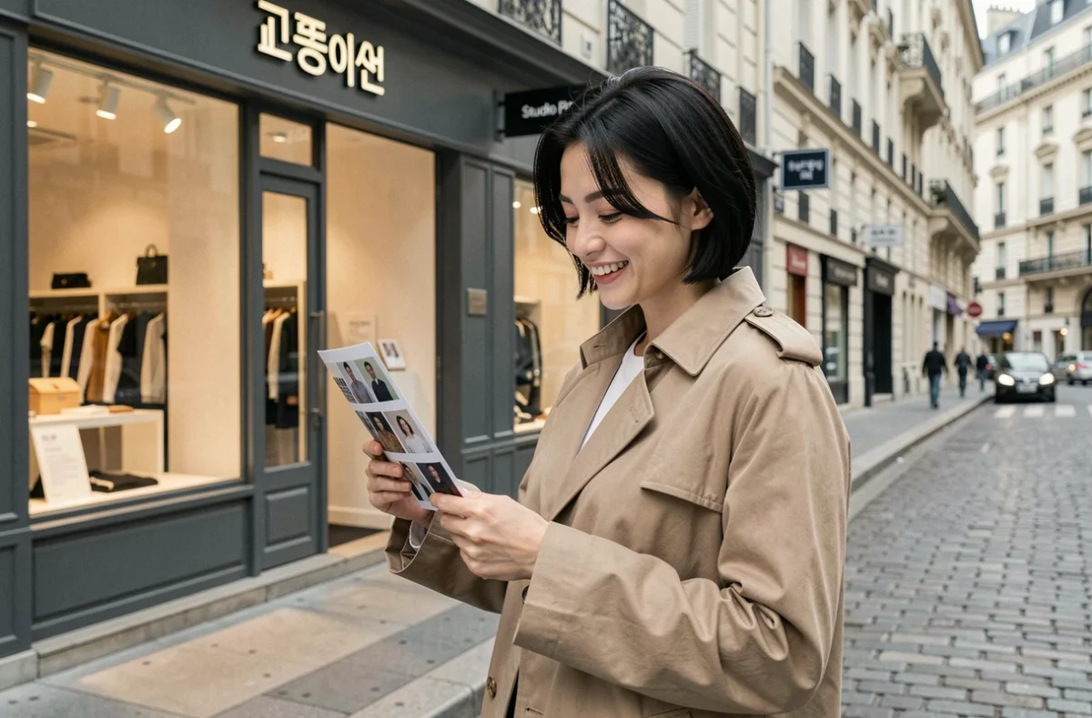 Jeune femme tenant une planche photo 4 cut devant la boutique Studio Paris dans une rue parisienne