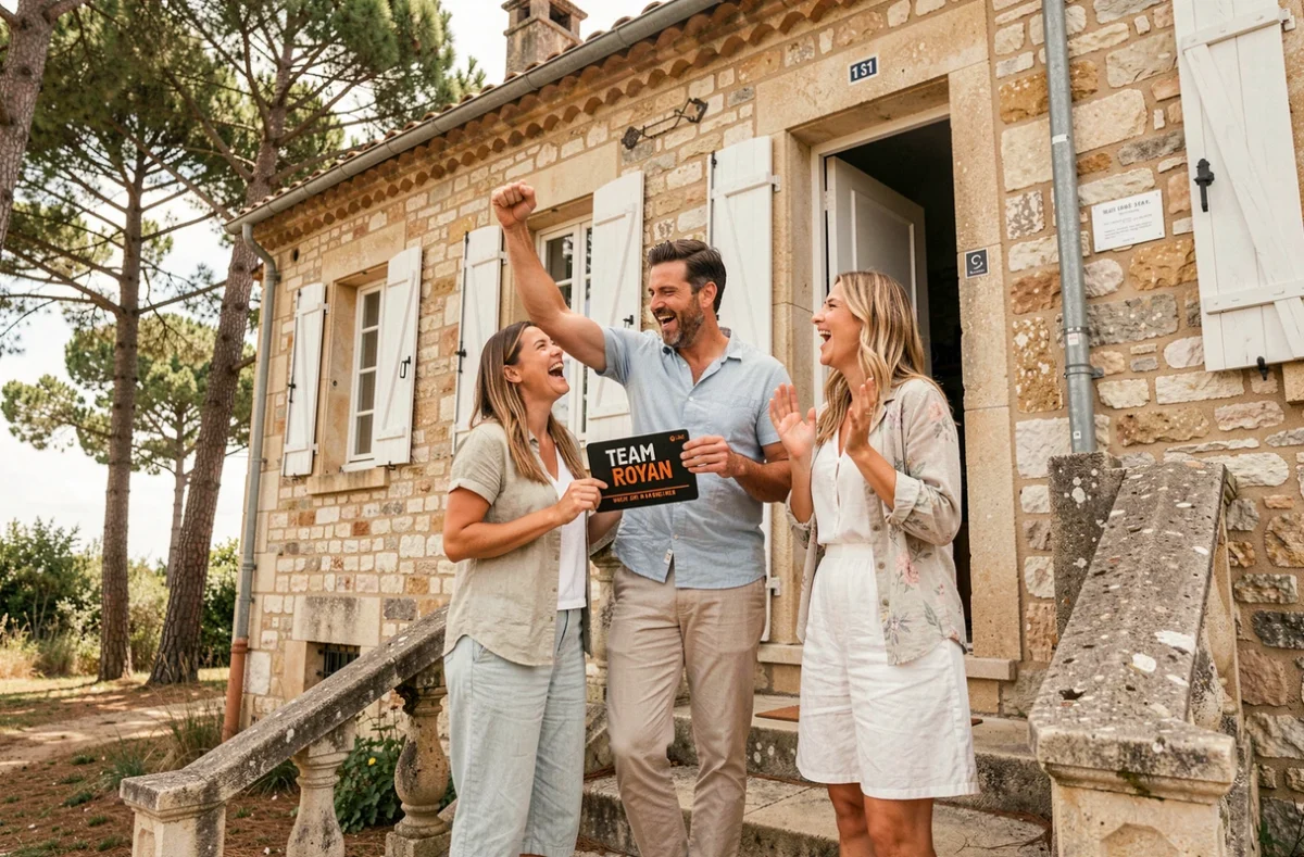 Groupe de joueurs hilares devant la façade en pierre d'un bâtiment charentais de Team Exit Royan à Vaux-sur-Mer