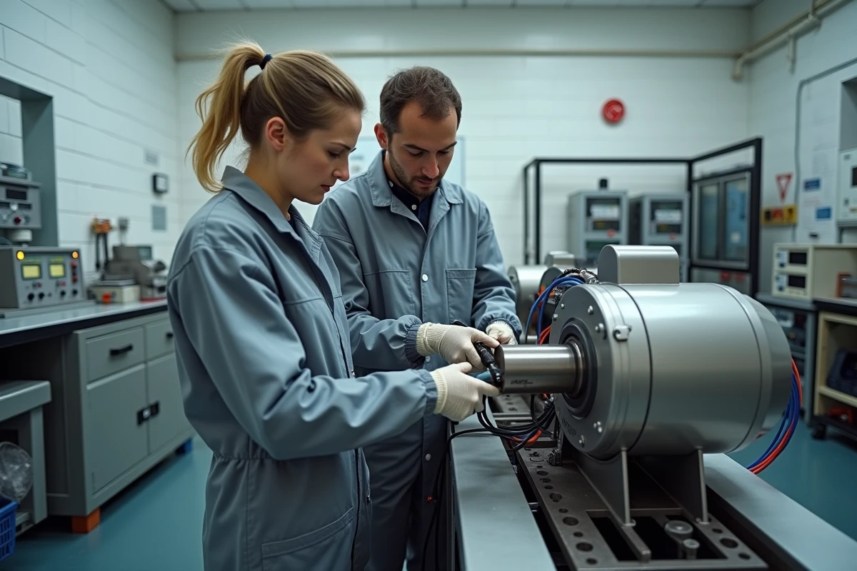 Deux techniciens connectant des capteurs de couple sur un moteur asynchrone dans un laboratoire universitaire de recherche en électrotechnique