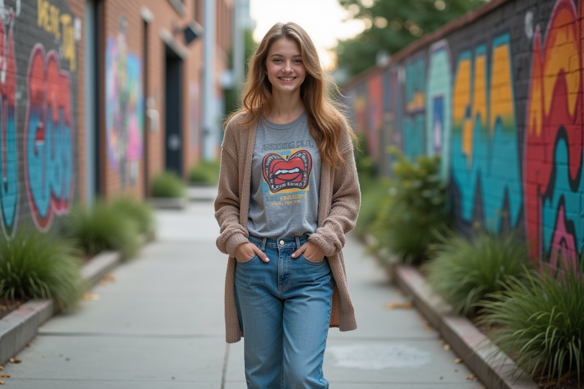 Adolescent nonbinaire en jean et t-shirt dans la rue colorée