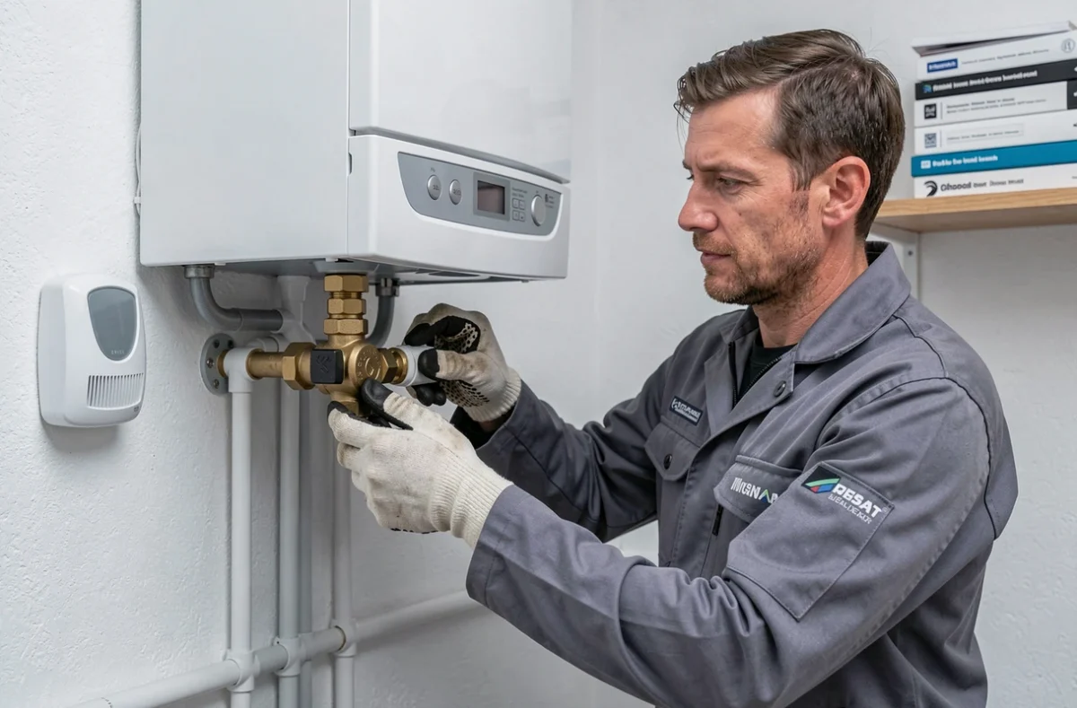 Technicien spécialiste gaz Thermogaz raccordant une vanne sur une chaudière murale dans une chaufferie résidentielle