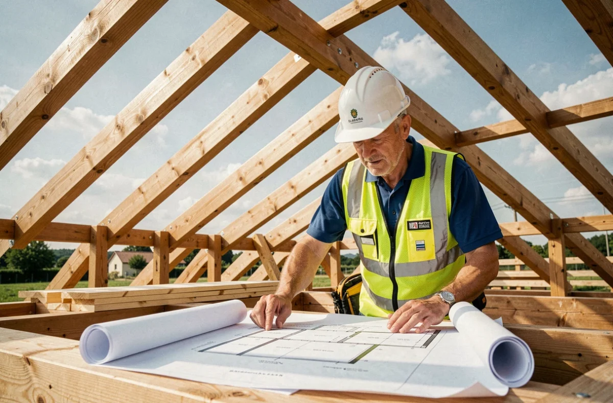 Technicien de TMV Ossature Études et Réalisation étudiant des plans de charpente sur un chantier de toiture dans le Gard