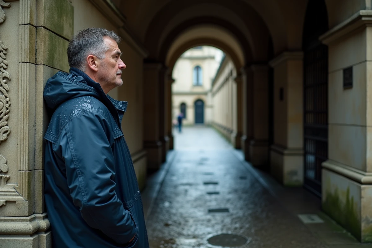 Homme explorant les traboules couvertes du Vieux-Lyon par temps de pluie un dimanche, découvrant l'architecture Renaissance