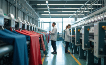 Secteur textile : Quels enjeux et perspectives pour demain ? Intérieur d une usine textile moderne avec machines avancées