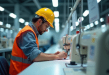 Ouvrier en sécurité inspectant machines à coudre dans une usine moderne