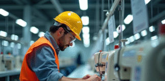 Ouvrier en sécurité inspectant machines à coudre dans une usine moderne
