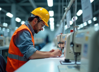 Ouvrier en sécurité inspectant machines à coudre dans une usine moderne