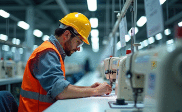 Dangers dans l’industrie du vêtement : maîtrisez les risques à éviter Ouvrier en sécurité inspectant machines à coudre dans une usine moderne