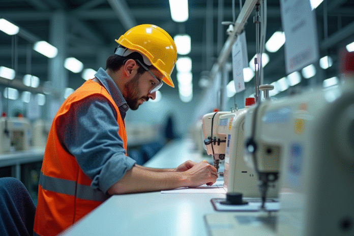 Ouvrier en sécurité inspectant machines à coudre dans une usine moderne
