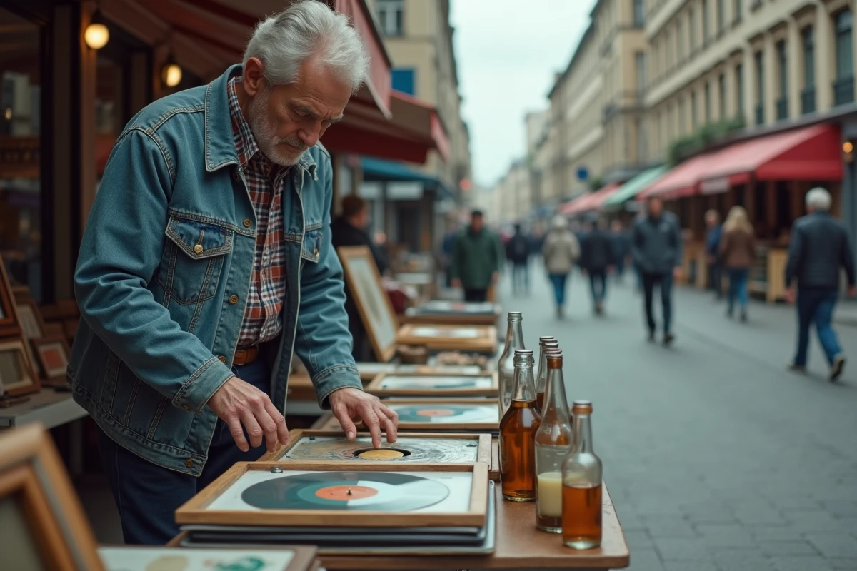 Vendeur installant des objets d'occasion sur un stand de braderie urbaine dans une rue commerçante