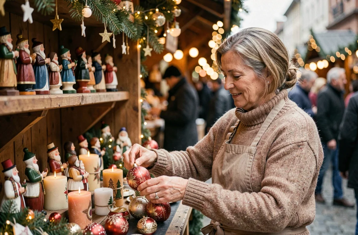 Vendeuse artisane dans un chalet du marché de Noël de Lyon présentant des décorations faites main