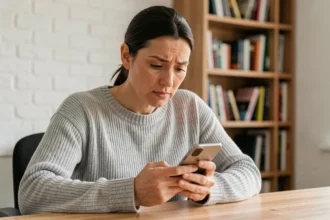 Femme consultant son smartphone pour vérifier un numéro de téléphone via des pages blanches inversées