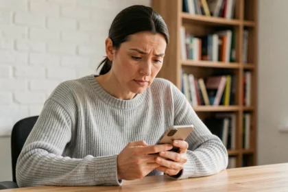Femme consultant son smartphone pour vérifier un numéro de téléphone via des pages blanches inversées