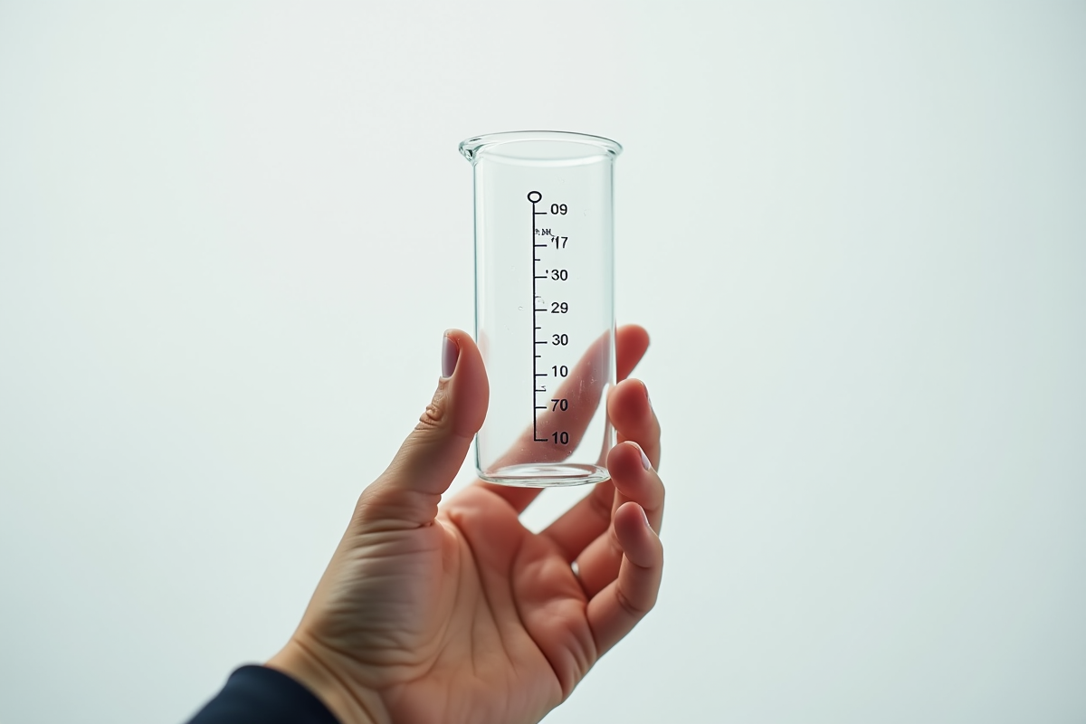 Main tenant un verre mesureur avec graduation en millilitres