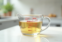 Verre mesure 300 ml rempli d'eau sur plan de travail lumineux