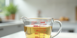 Verre mesure 300 ml rempli d'eau sur plan de travail lumineux