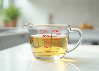 Verre mesure 300 ml rempli d'eau sur plan de travail lumineux
