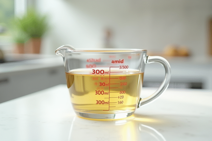 Verre mesure 300 ml rempli d'eau sur plan de travail lumineux
