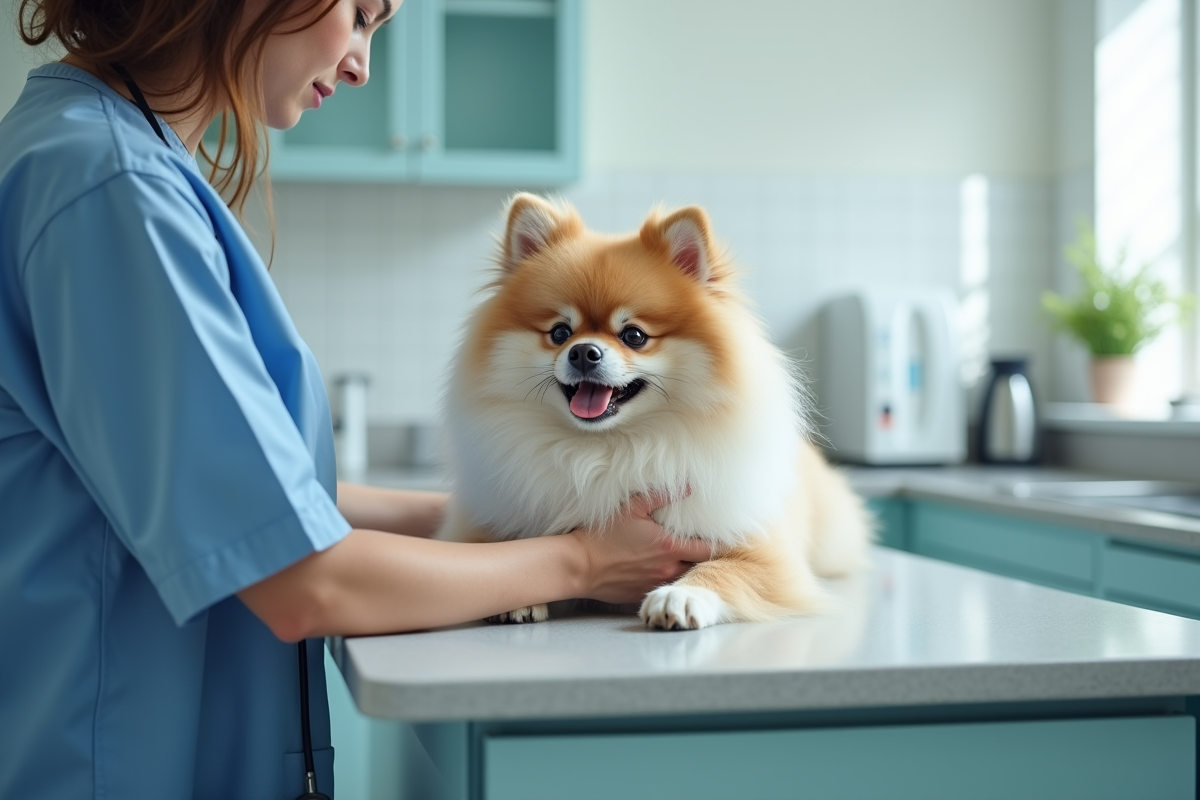 Vétérinaire examinant un spitz calme dans une clinique moderne