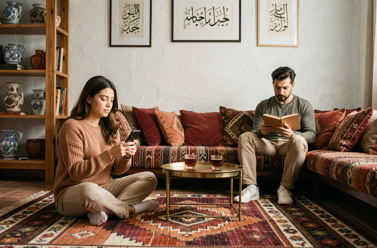 Femme turque et son partenaire partageant un moment calme dans un salon décoré de motifs traditionnels turcs, évoquant les valeurs familiales et les attentes culturelles