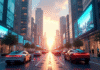 Ville futuriste au lever du soleil avec véhicules électriques