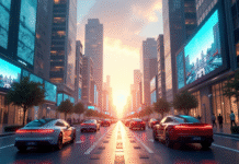 Ville futuriste au lever du soleil avec véhicules électriques