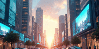 Ville futuriste au lever du soleil avec véhicules électriques