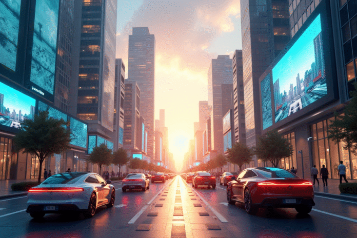Ville futuriste au lever du soleil avec véhicules électriques