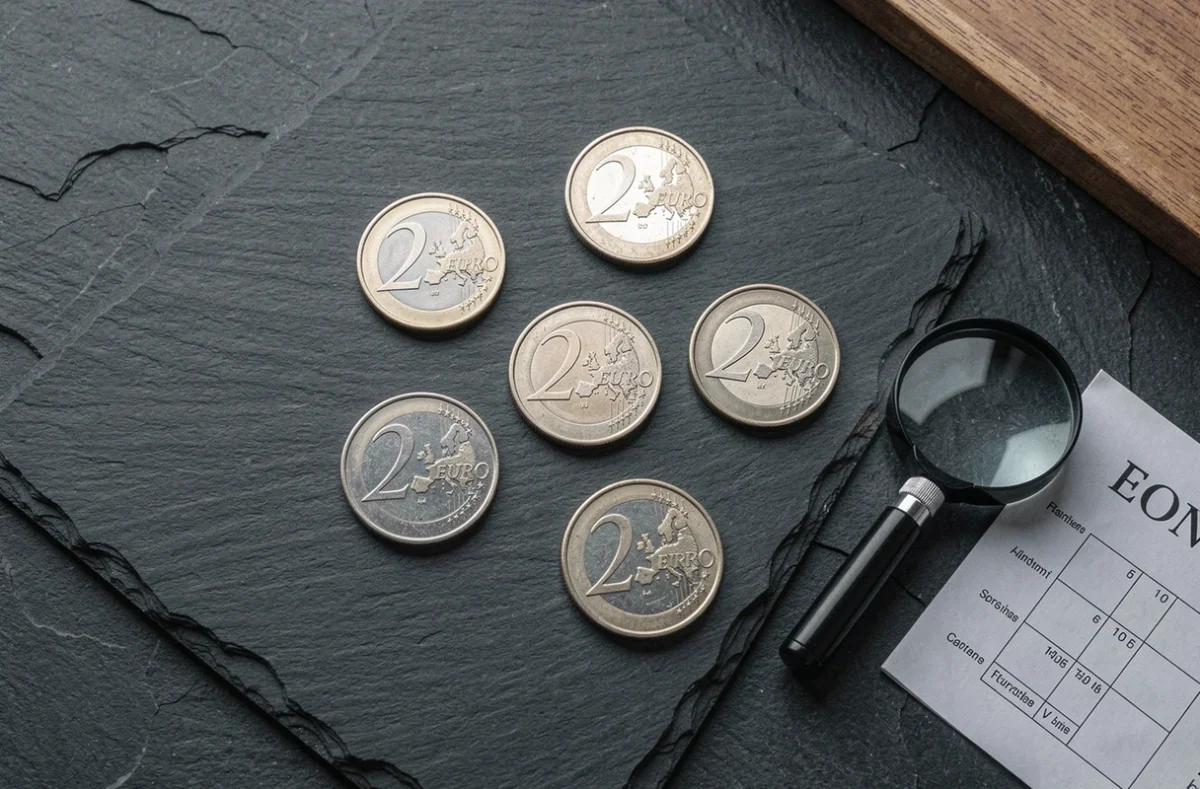 Vue aérienne de plusieurs pièces de 2 euros rares disposées sur une surface en ardoise avec une loupe et une liste de vérification